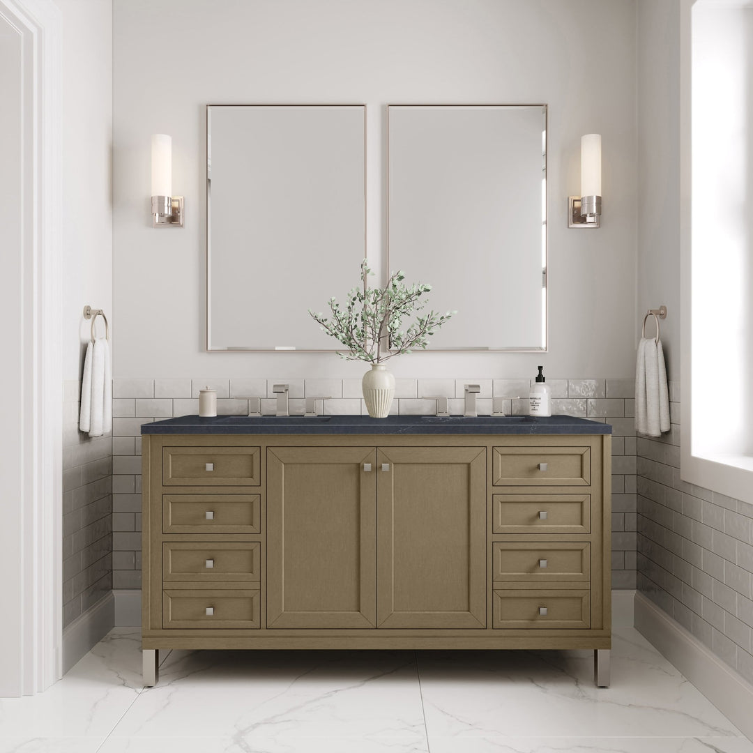 Chicago 60" Double Vanity, Walnut Whisper, w/ 3 CM Charcoal Soapstone Silestone® Top