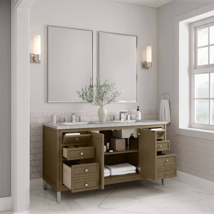 Chicago 60" Double Vanity, Walnut Whisper, w/ 3 CM Eternal Jasmine Pearl Silestone® Top