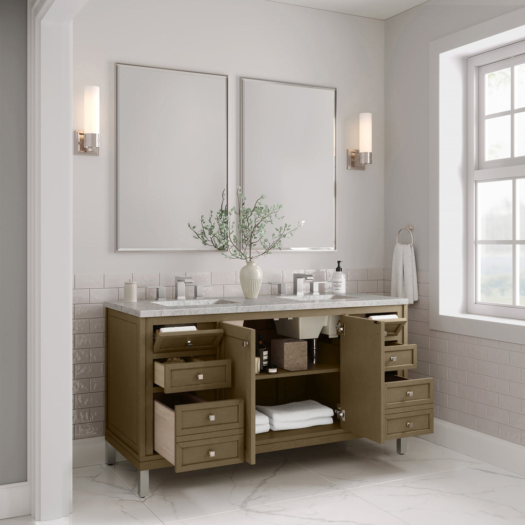 Chicago 60" Double Vanity, Walnut Whisper, w/ 3 CM Eternal Jasmine Pearl Silestone® Top w/FreePower Wireless Charger