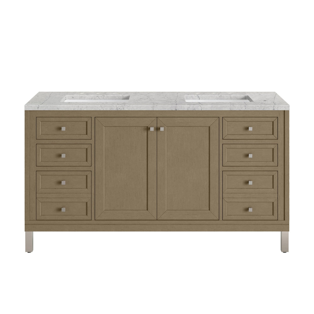 Chicago 60" Double Vanity, Walnut Whisper, w/ 3 CM Eternal Jasmine Pearl Silestone® Top w/FreePower Wireless Charger
