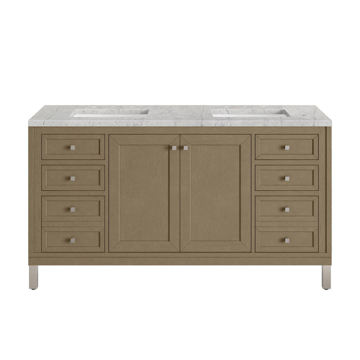 Chicago 60" Double Vanity, Walnut Whisper, w/ 3 CM Eternal Jasmine Pearl Silestone® Top w/FreePower Wireless Charger