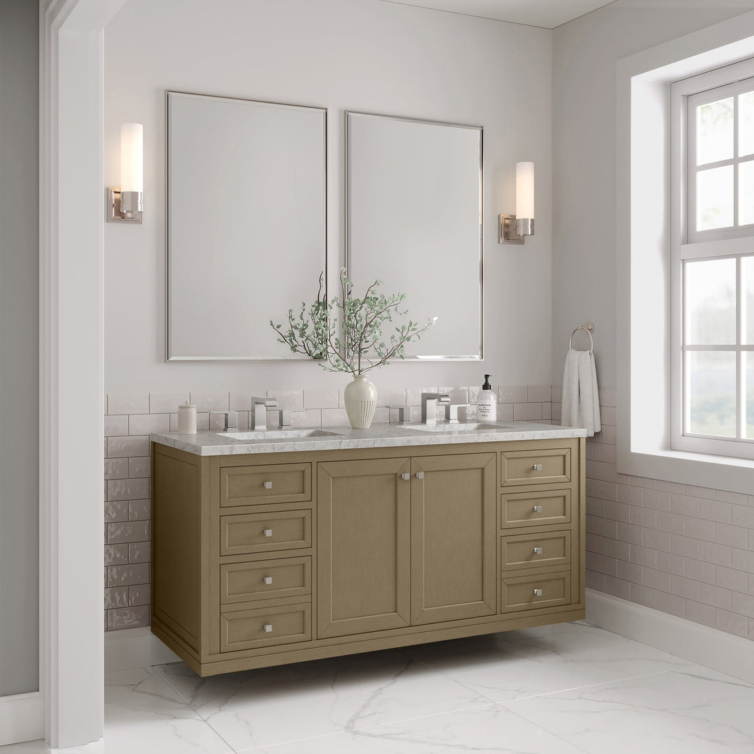 Chicago 60" Double Vanity, Walnut Whisper, w/ 3 CM Eternal Jasmine Pearl Silestone® Top w/FreePower Wireless Charger