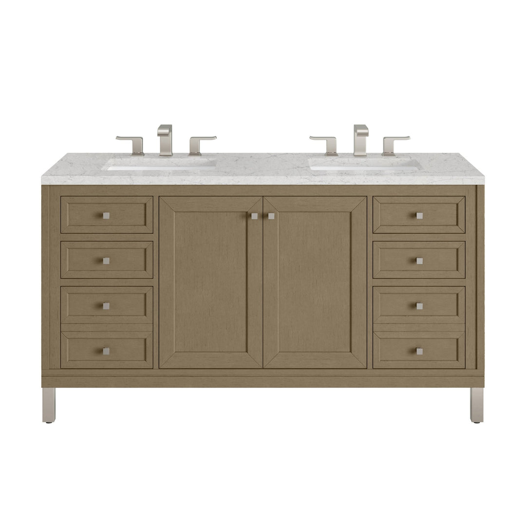 Chicago 60" Double Vanity, Walnut Whisper, w/ 3 CM Eternal Jasmine Pearl Silestone® Top w/FreePower Wireless Charger