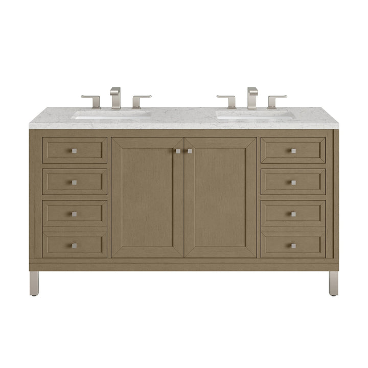 Chicago 60" Double Vanity, Walnut Whisper, w/ 3 CM Eternal Jasmine Pearl Silestone® Top w/FreePower Wireless Charger