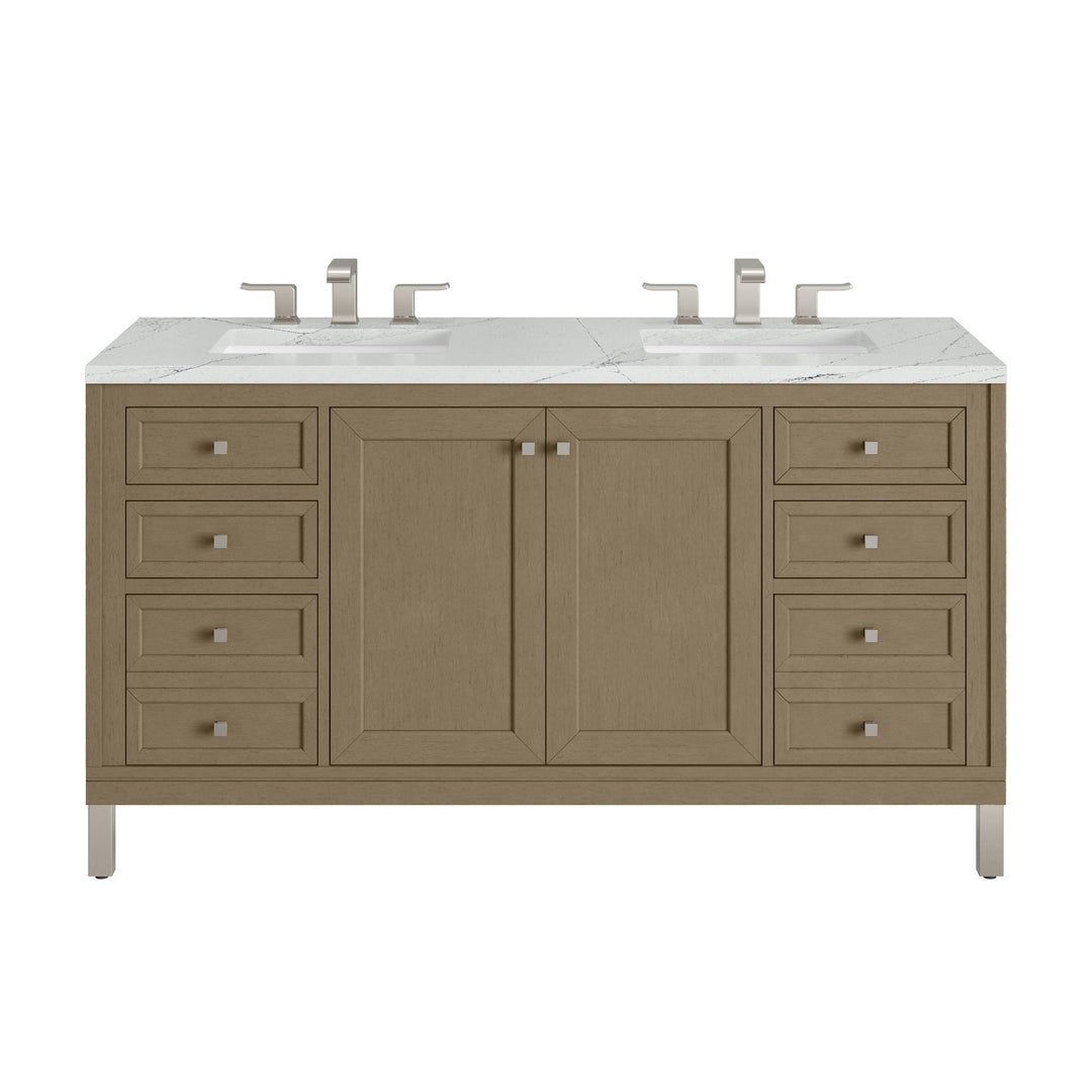 Chicago 60" Double Vanity, Walnut Whisper, w/ 3 CM Ethereal Noctis Silestone® Top w/FreePower Wireless Charger