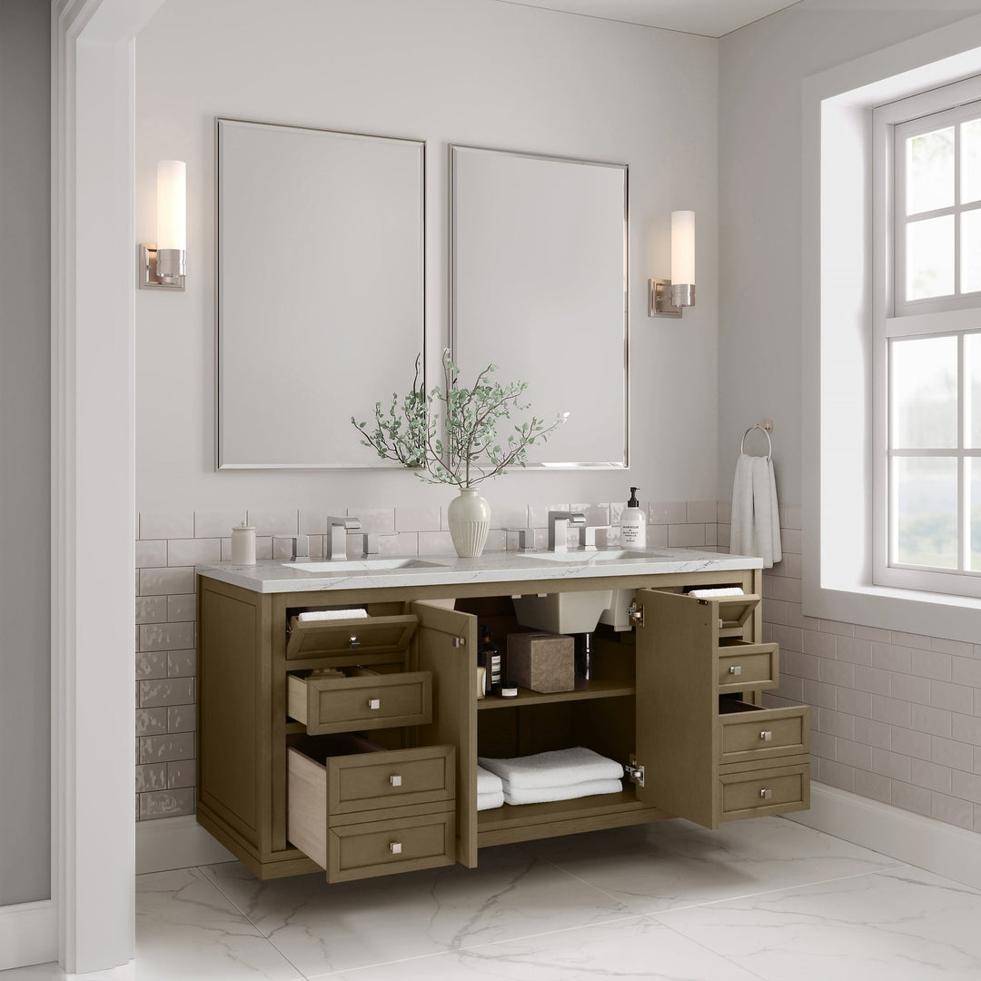 Chicago 60" Double Vanity, Walnut Whisper, w/ 3 CM Ethereal Noctis Silestone® Top w/FreePower Wireless Charger