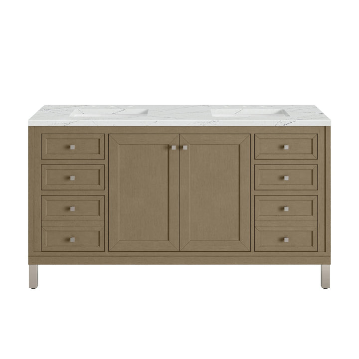 Chicago 60" Double Vanity, Walnut Whisper, w/ 3 CM Ethereal Noctis Silestone® Top w/FreePower Wireless Charger