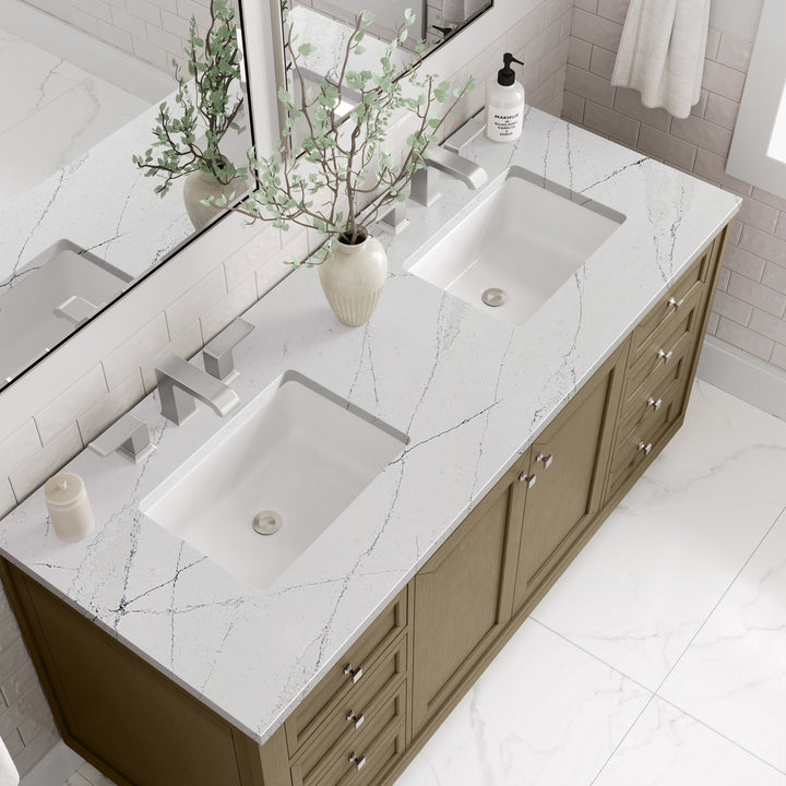 Chicago 60" Double Vanity, Walnut Whisper, w/ 3 CM Ethereal Noctis Silestone® Top w/FreePower Wireless Charger