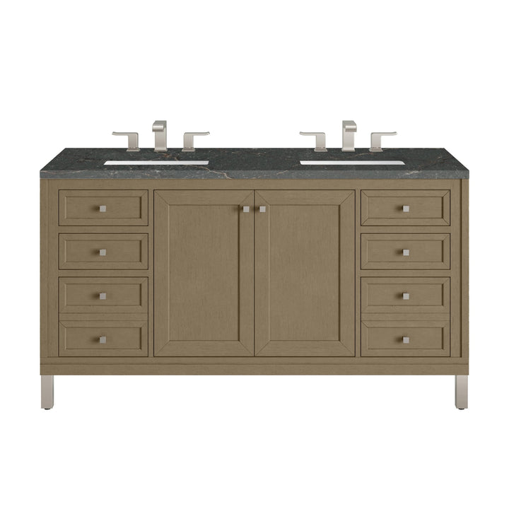 Chicago 60" Double Vanity, Walnut Whisper, w/ 3 CM Parisien Bleu Silestone® Top