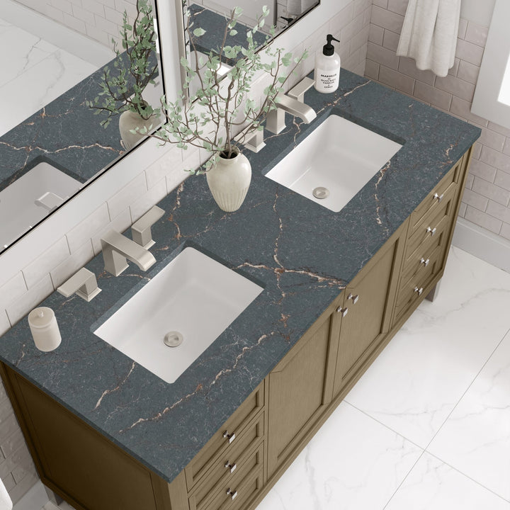 Chicago 60" Double Vanity, Walnut Whisper, w/ 3 CM Parisien Bleu Silestone® Top