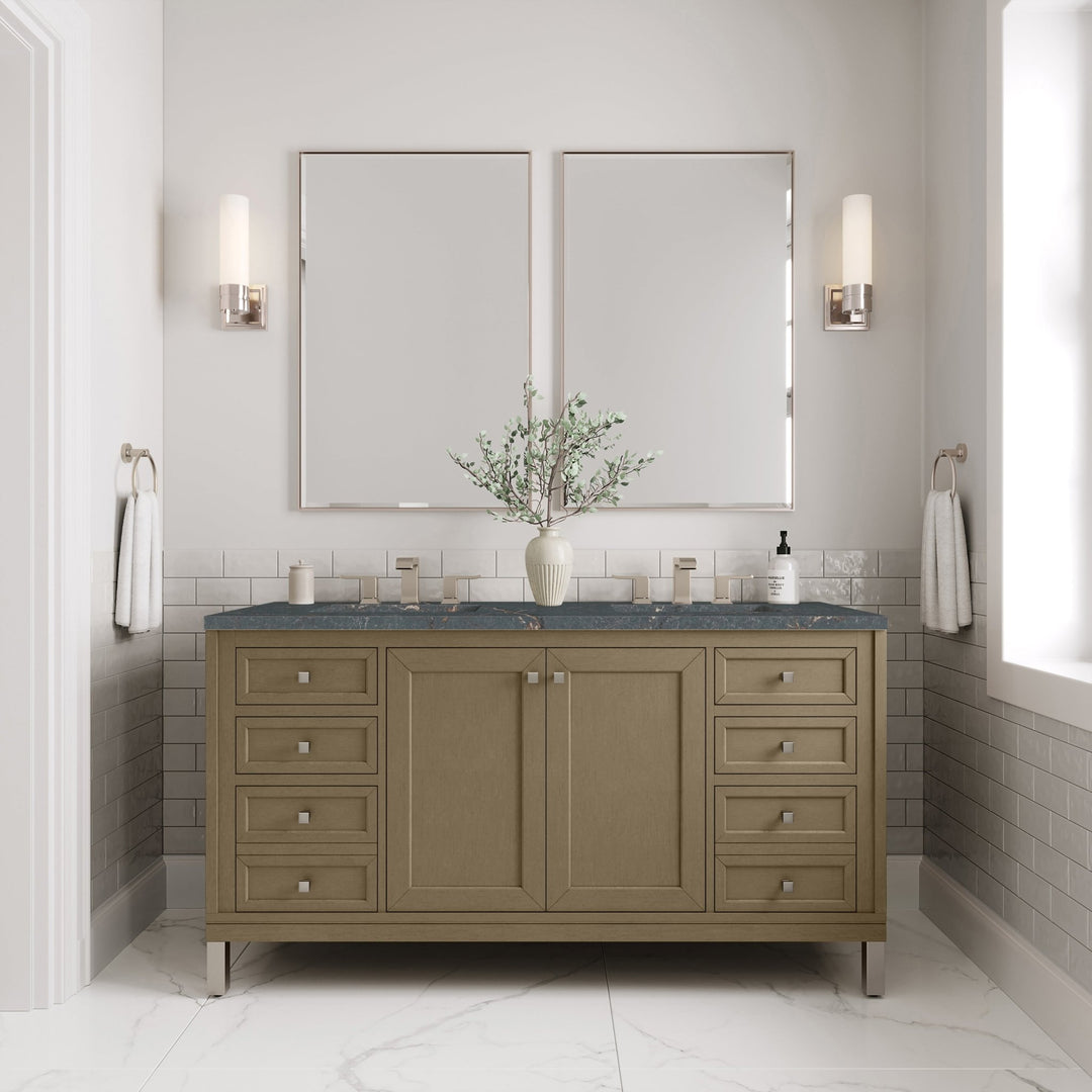 Chicago 60" Double Vanity, Walnut Whisper, w/ 3 CM Parisien Bleu Silestone® Top w/FreePower Wireless Charger