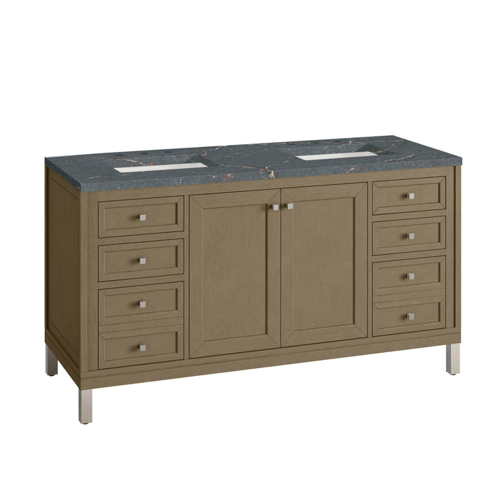 Chicago 60" Double Vanity, Walnut Whisper, w/ 3 CM Parisien Bleu Silestone® Top w/FreePower Wireless Charger
