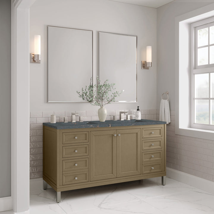 Chicago 60" Double Vanity, Walnut Whisper, w/ 3 CM Parisien Bleu Silestone® Top w/FreePower Wireless Charger