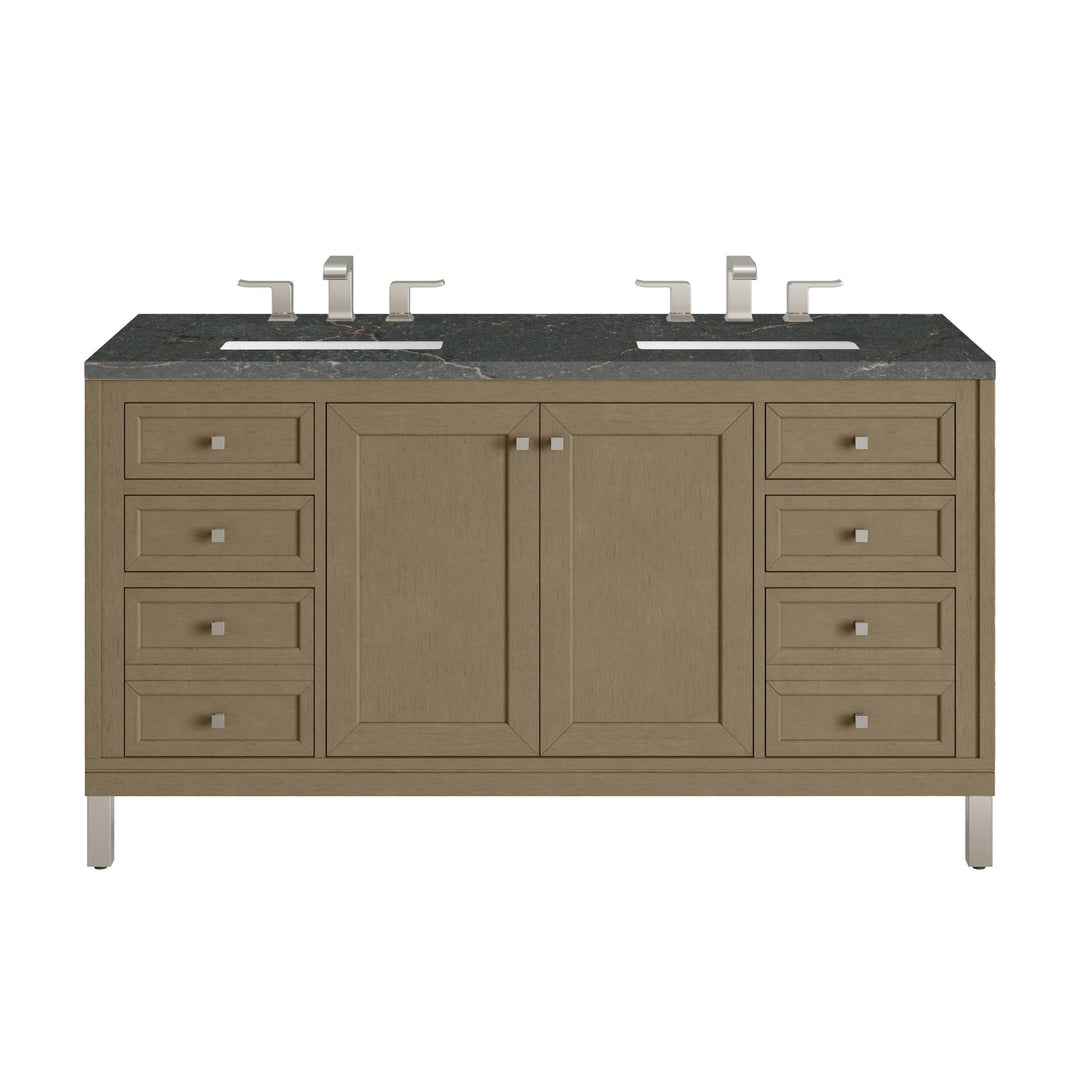 Chicago 60" Double Vanity, Walnut Whisper, w/ 3 CM Parisien Bleu Silestone® Top w/FreePower Wireless Charger