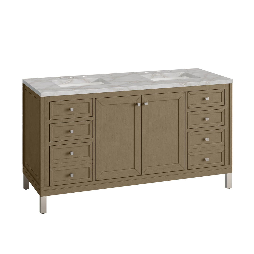 Chicago 60" Double Vanity, Walnut Whisper, w/ 3 CM Victorian Silver Silestone® Top