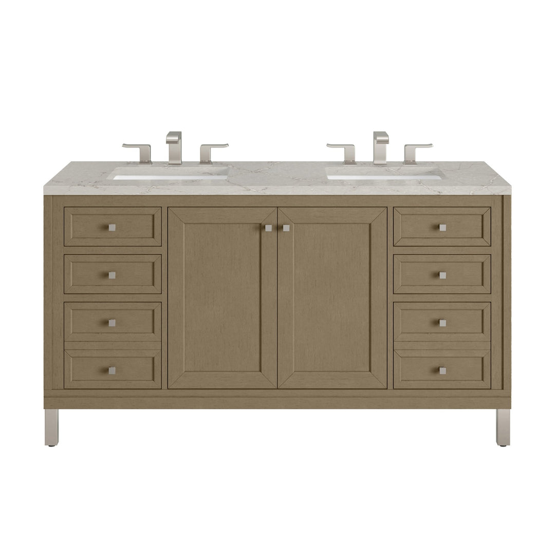 Chicago 60" Double Vanity, Walnut Whisper, w/ 3 CM Victorian Silver Silestone® Top