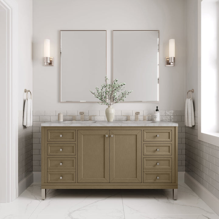 Chicago 60" Double Vanity, Walnut Whisper, w/ 3 CM Victorian Silver Silestone® Top w/FreePower Wireless Charger