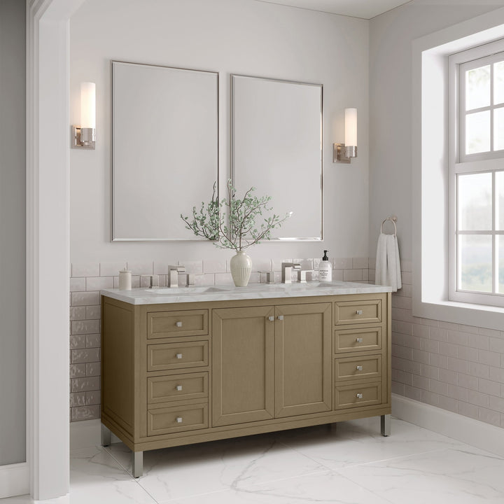 Chicago 60" Double Vanity, Walnut Whisper, w/ 3 CM Victorian Silver Silestone® Top w/FreePower Wireless Charger