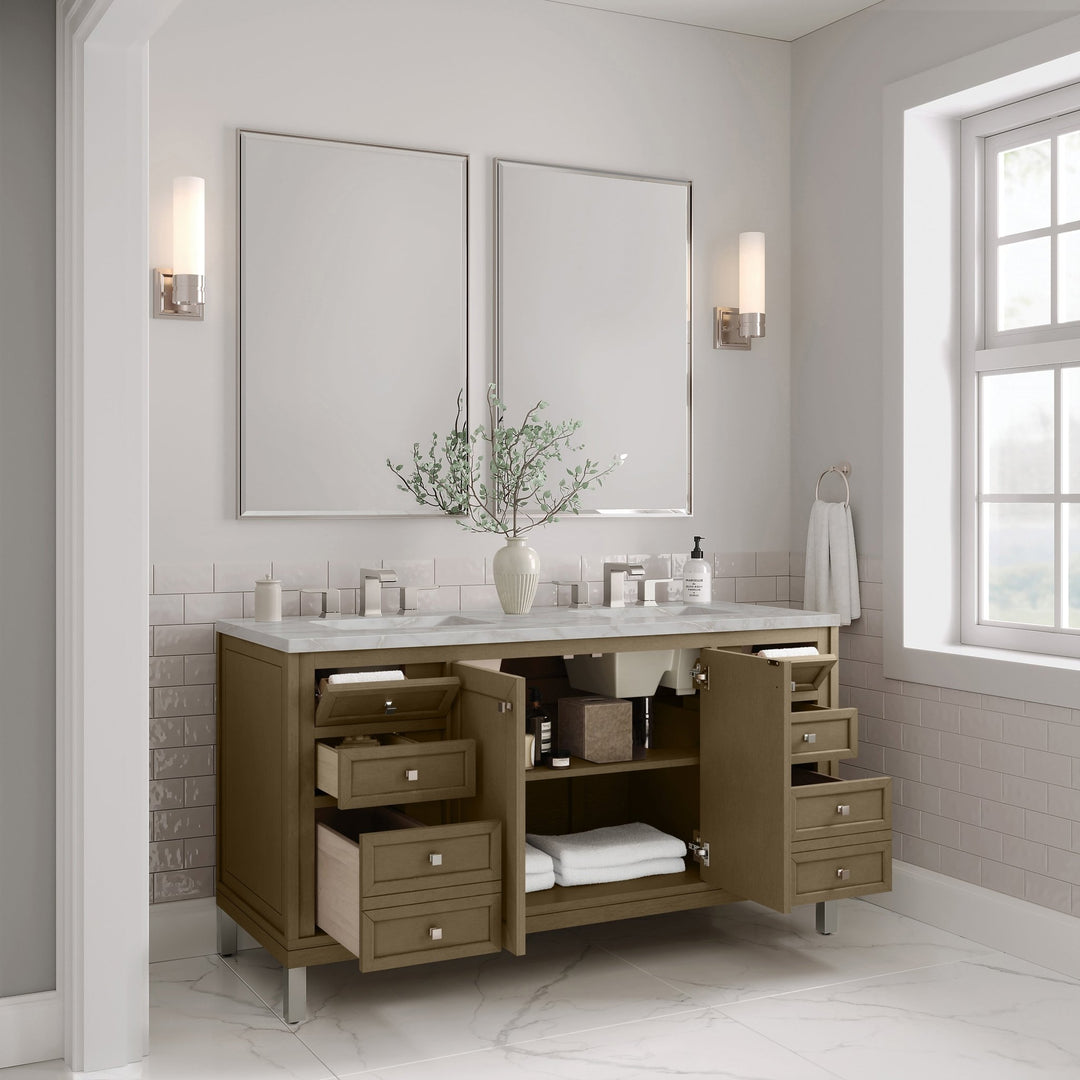 Chicago 60" Double Vanity, Walnut Whisper, w/ 3 CM Victorian Silver Silestone® Top w/FreePower Wireless Charger