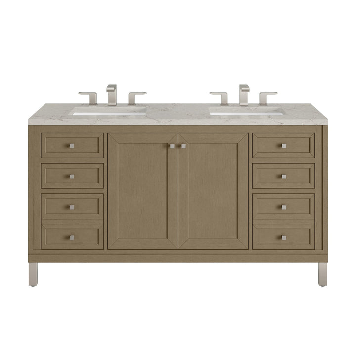 Chicago 60" Double Vanity, Walnut Whisper, w/ 3 CM Victorian Silver Silestone® Top w/FreePower Wireless Charger