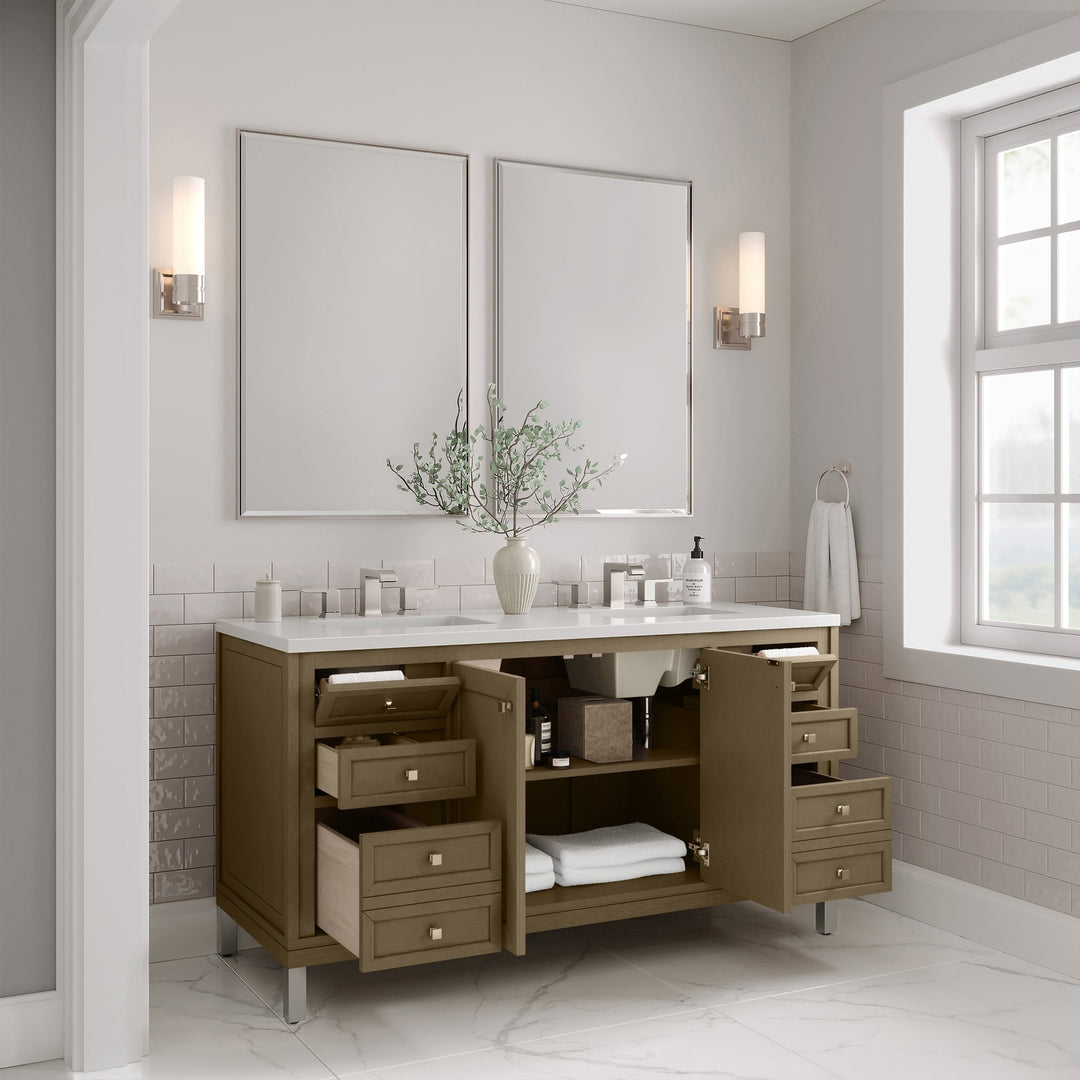 Chicago 60" Double Vanity, Walnut Whisper, w/ 3 CM White Zeus Silestone® Top