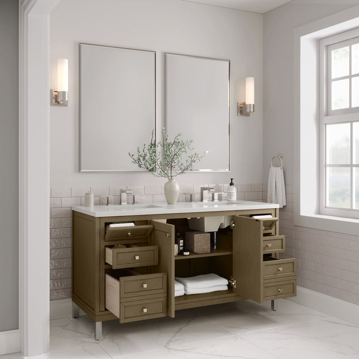 Chicago 60" Double Vanity, Walnut Whisper, w/ 3 CM White Zeus Silestone® Top