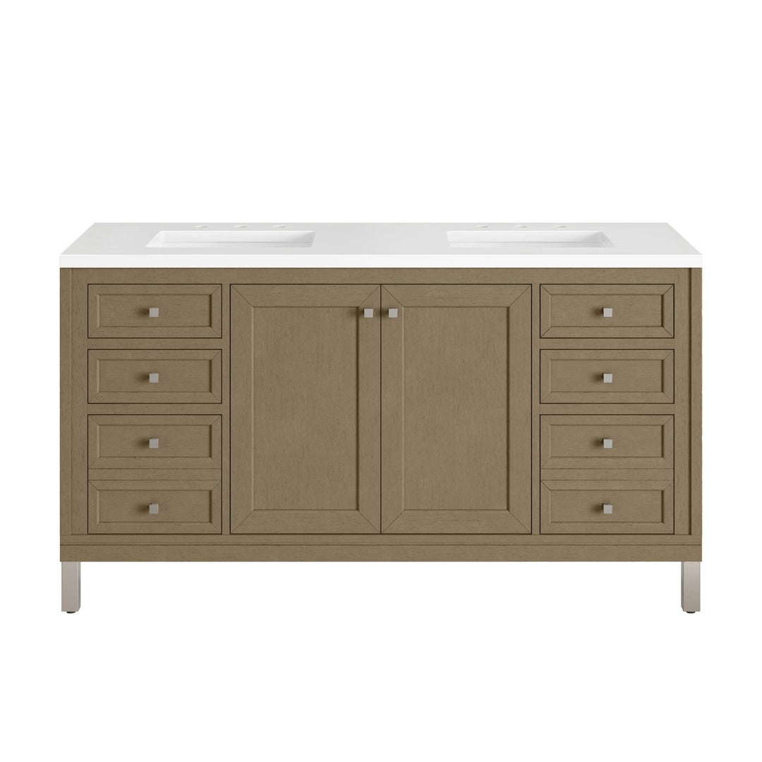 Chicago 60" Double Vanity, Walnut Whisper, w/ 3 CM White Zeus Silestone® Top