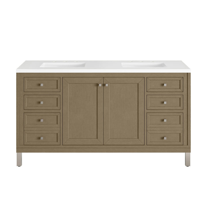Chicago 60" Double Vanity, Walnut Whisper, w/ 3 CM White Zeus Silestone® Top