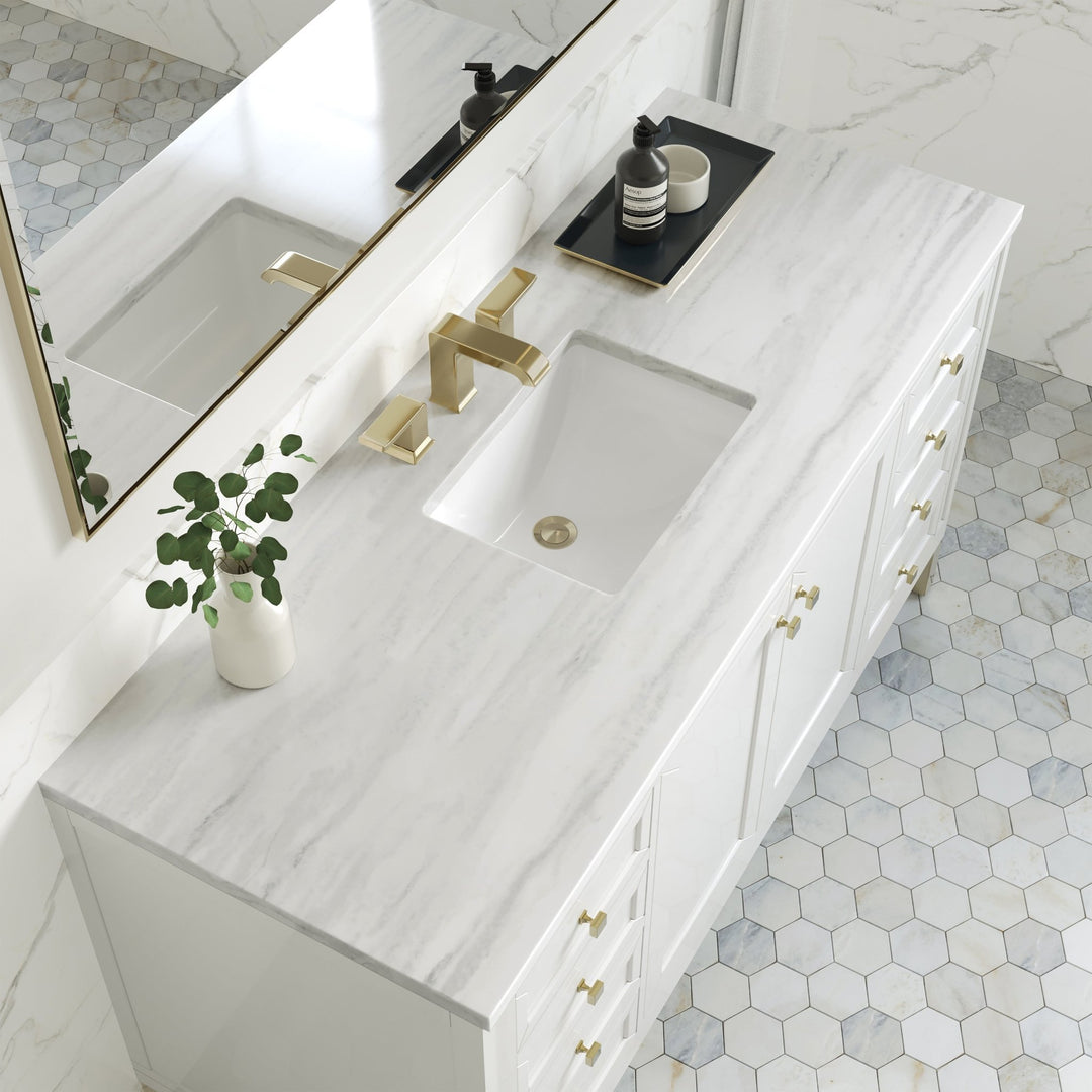 Chicago 60" Single Vanity, Glossy White, w/ 3 CM Arctic Fall Solid Surface Top