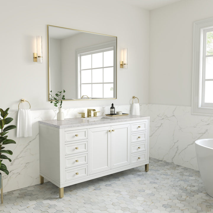 Chicago 60" Single Vanity, Glossy White, w/ 3 CM Eternal Jasmine Pearl Silestone Top w/ FreePower Wireless Charger