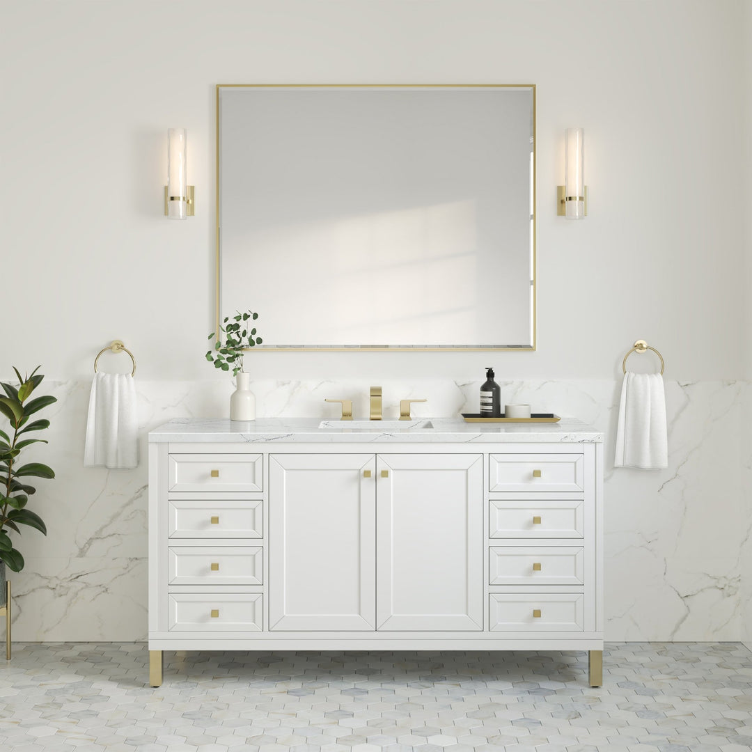 Chicago 60" Single Vanity, Glossy White, w/ 3 CM Ethereal Noctis Silestone Top w/ FreePower Wireless Charger
