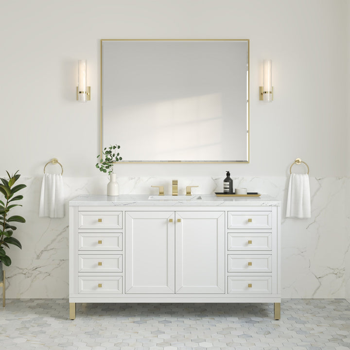 Chicago 60" Single Vanity, Glossy White, w/ 3 CM Ethereal Noctis Silestone Top w/ FreePower Wireless Charger