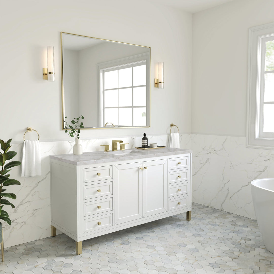 Chicago 60" Single Vanity, Glossy White, w/ 3 CM Victorian Silver Silestone Top w/ FreePower Wireless Charger