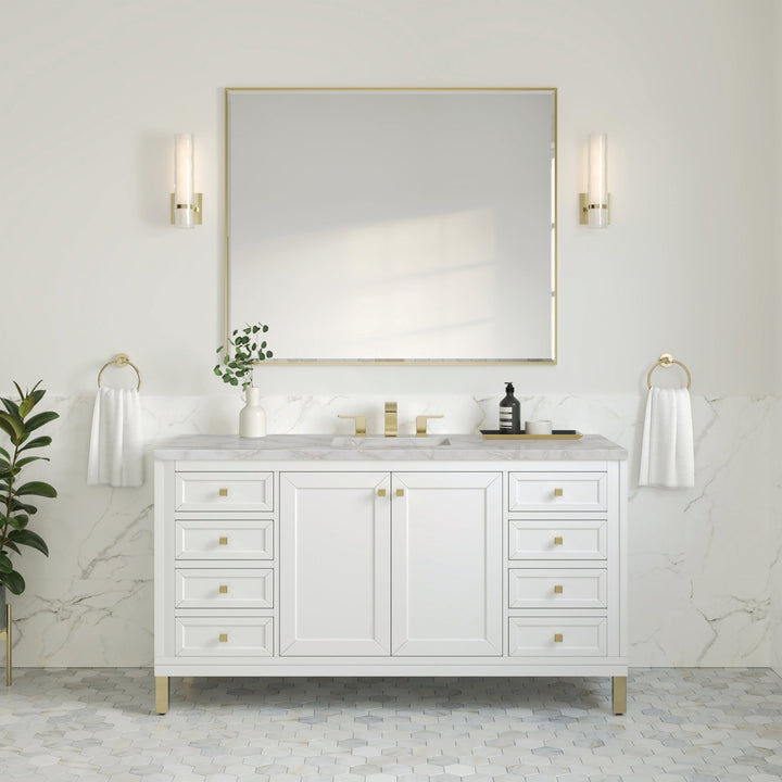 Chicago 60" Single Vanity, Glossy White, w/ 3 CM Victorian Silver Silestone Top w/ FreePower Wireless Charger