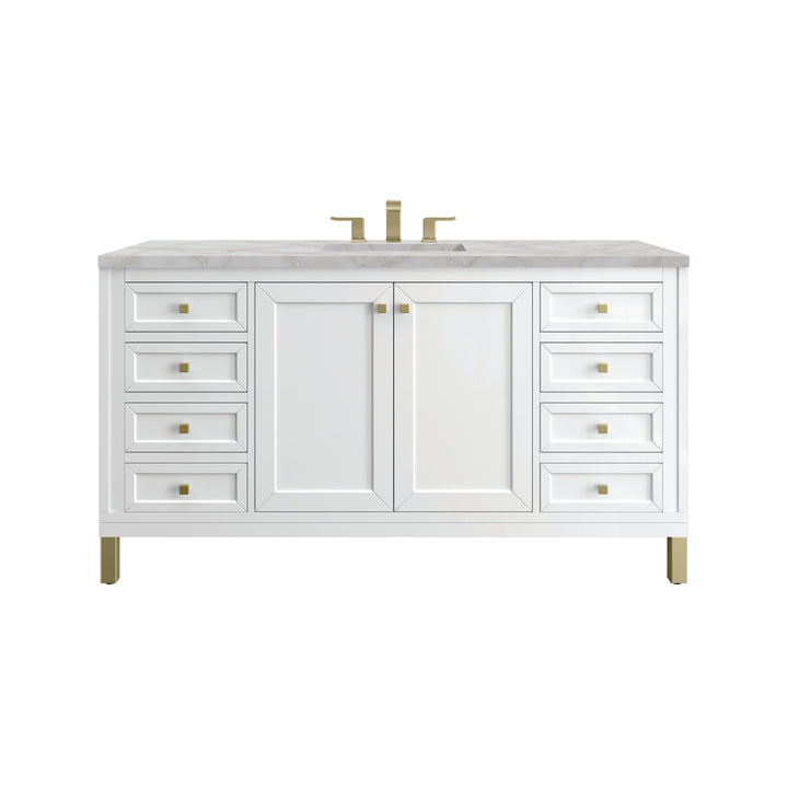 Chicago 60" Single Vanity, Glossy White, w/ 3 CM Victorian Silver Silestone Top w/ FreePower Wireless Charger