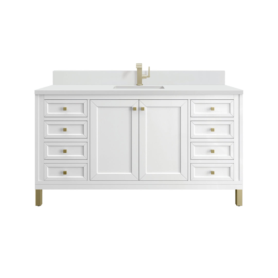 Chicago 60" Single Vanity, Glossy White, w/ Single Hole 3CM White Zeus Silestone® Top & Backsplash