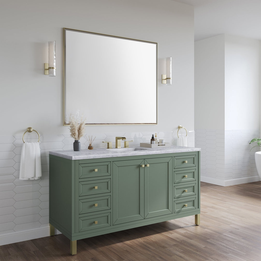 Chicago 60" Single Vanity, Smokey Celadon, w/ 3 CM Carrara Marble Top