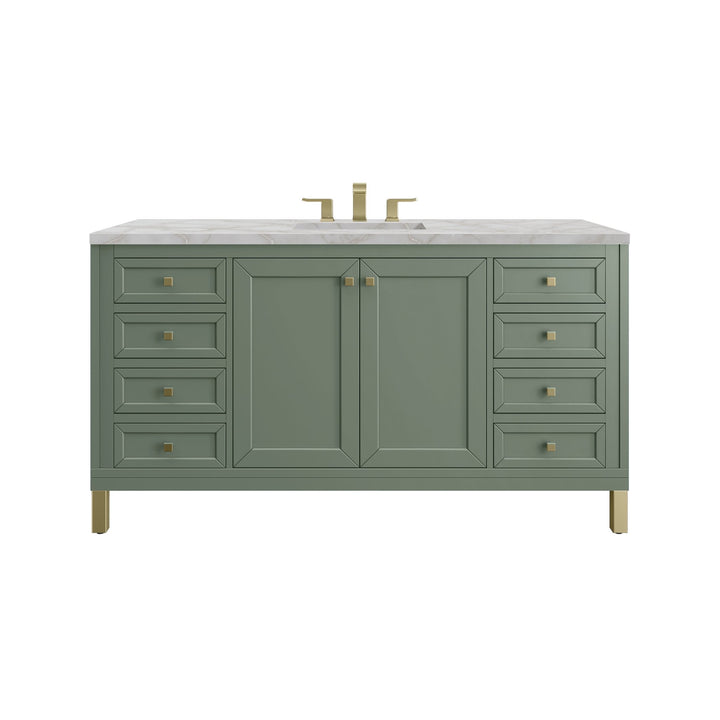 Chicago 60" Single Vanity, Smokey Celadon, w/ 3 CM Victorian Silver Silestone Top w/ FreePower Wireless Charger