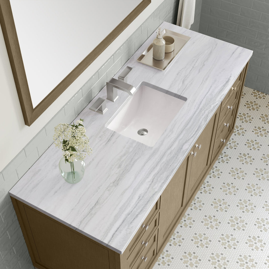 Chicago 60" Single Vanity, Walnut Whisper, w/ 3 CM Arctic Fall Solid Surface Top