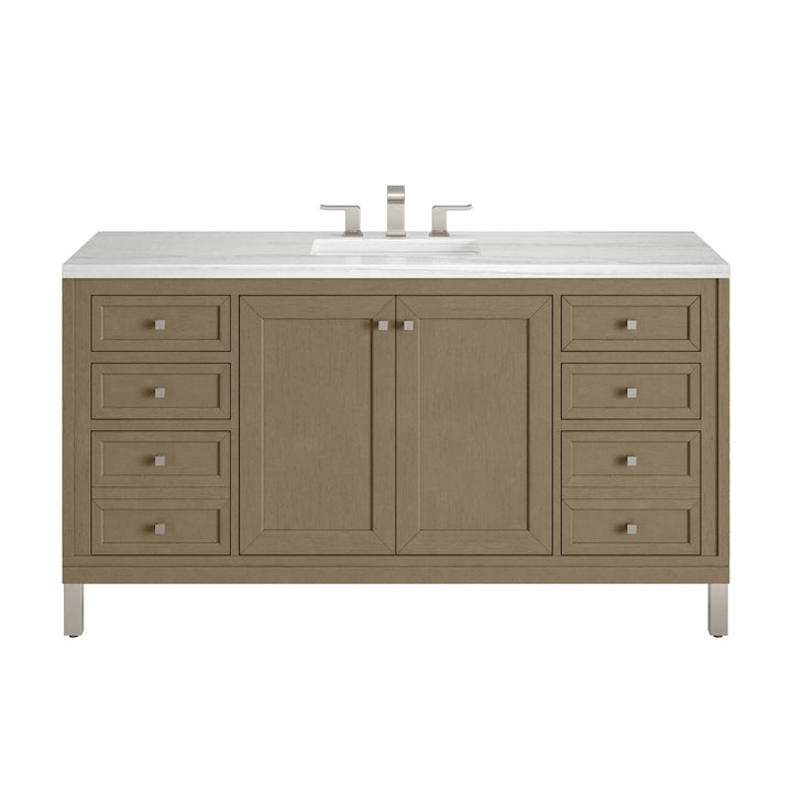 Chicago 60" Single Vanity, Walnut Whisper, w/ 3 CM Arctic Fall Solid Surface Top