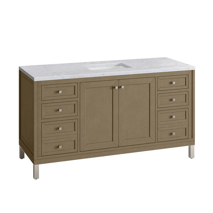 Chicago 60" Single Vanity, Walnut Whisper, w/ 3 CM Carrara Marble Top
