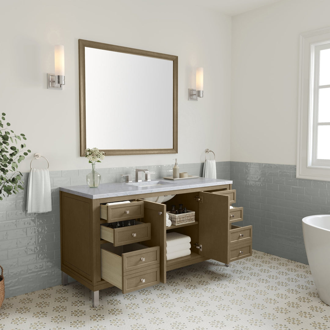 Chicago 60" Single Vanity, Walnut Whisper, w/ 3 CM Carrara Marble Top