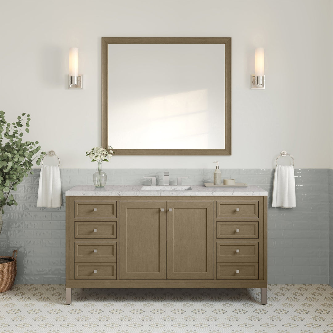 Chicago 60" Single Vanity, Walnut Whisper, w/ 3 CM Eternal Jasmine Pearl Silestone Top w/ FreePower Wireless Charger