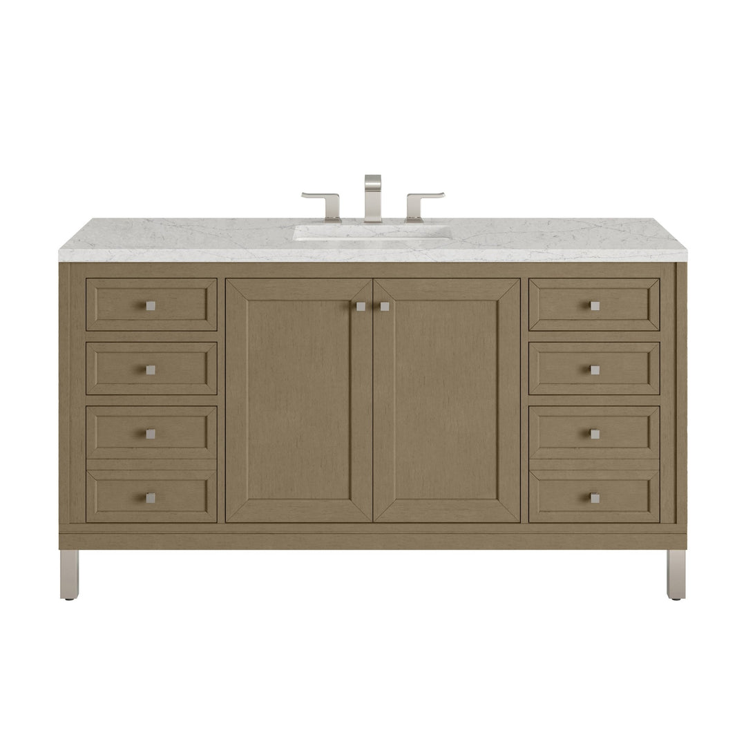 Chicago 60" Single Vanity, Walnut Whisper, w/ 3 CM Eternal Jasmine Pearl Silestone Top w/ FreePower Wireless Charger