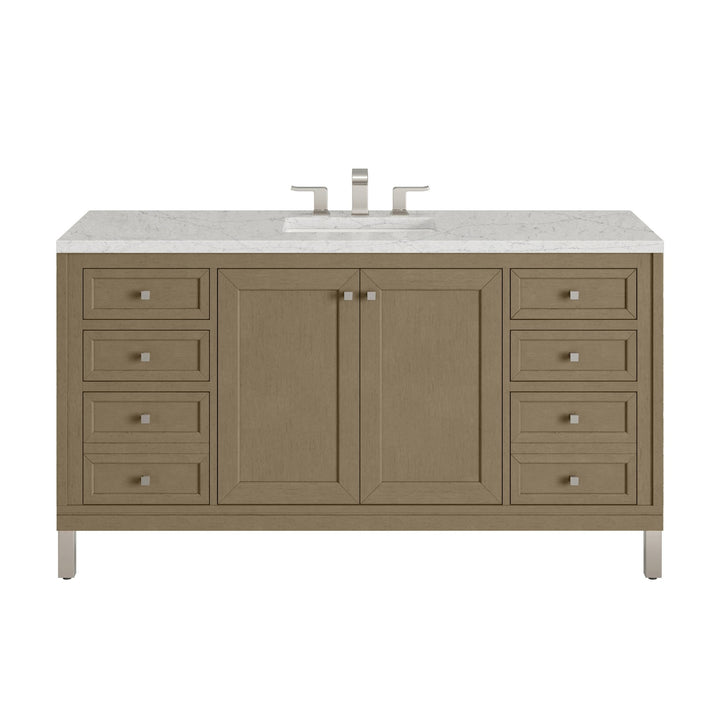 Chicago 60" Single Vanity, Walnut Whisper, w/ 3 CM Eternal Jasmine Pearl Silestone Top w/ FreePower Wireless Charger