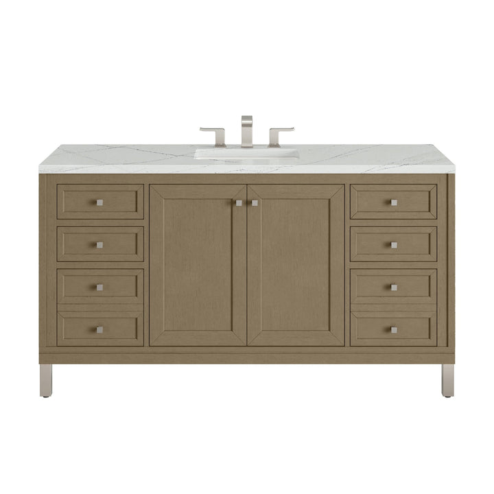 Chicago 60" Single Vanity, Walnut Whisper, w/ 3 CM Ethereal Noctis Silestone Top w/ FreePower Wireless Charger