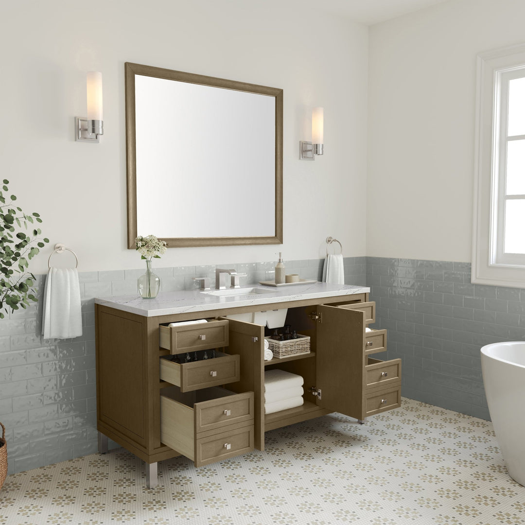 Chicago 60" Single Vanity, Walnut Whisper, w/ 3 CM Ethereal Noctis Silestone Top w/ FreePower Wireless Charger