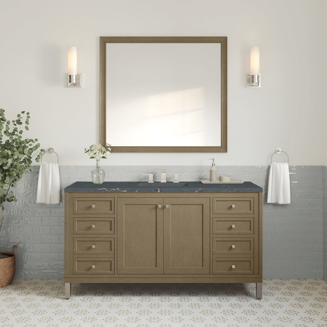 Chicago 60" Single Vanity, Walnut Whisper, w/ 3 CM Parisien Bleu Silestone® Top w/FreePower Wireless Charger