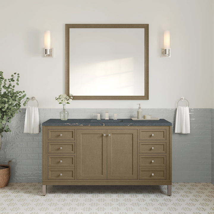 Chicago 60" Single Vanity, Walnut Whisper, w/ 3 CM Parisien Bleu Silestone® Top w/FreePower Wireless Charger