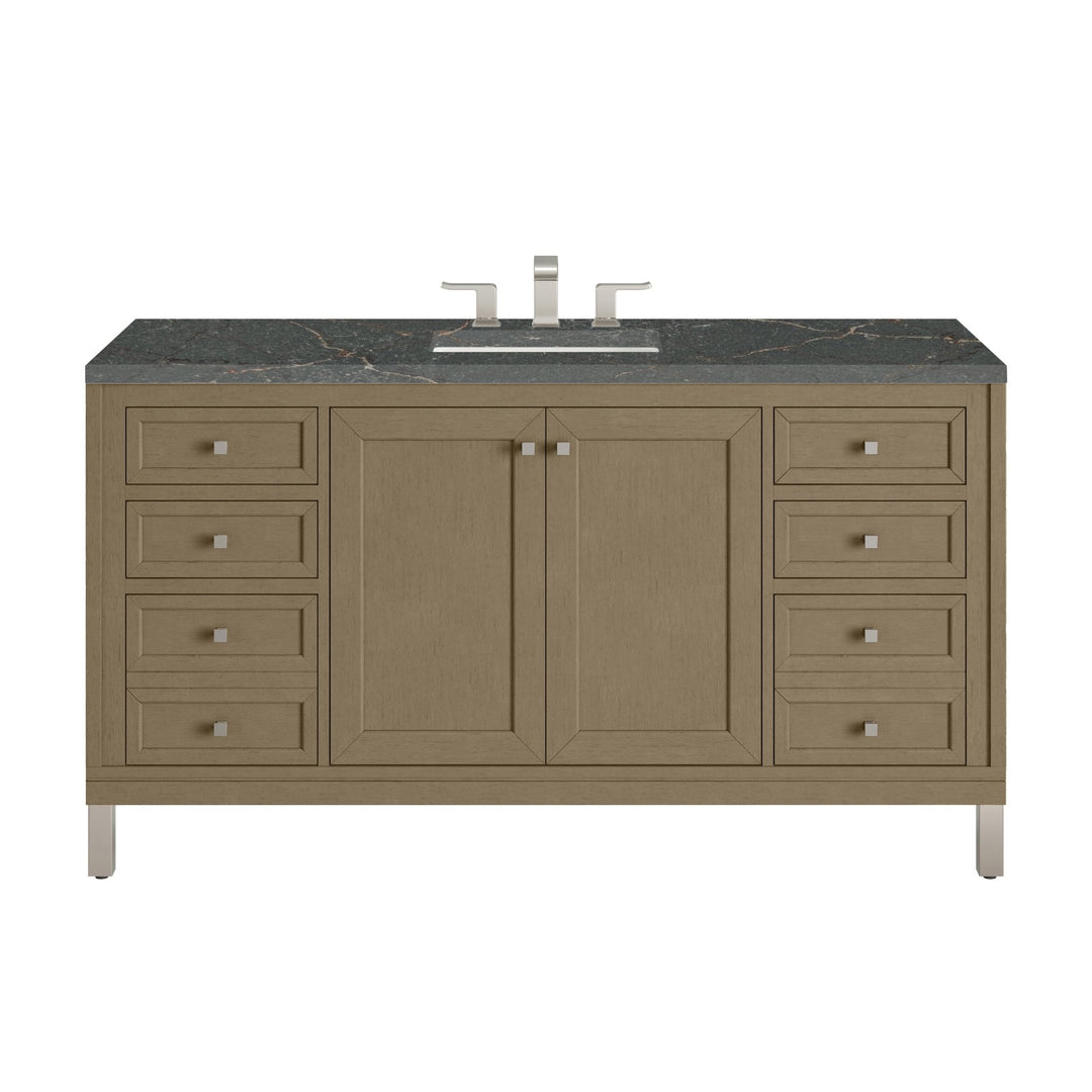 Chicago 60" Single Vanity, Walnut Whisper, w/ 3 CM Parisien Bleu Silestone® Top w/FreePower Wireless Charger